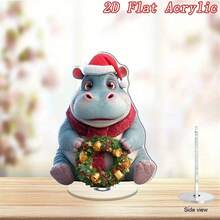 1pc 2D Rotating Acrylic Desktop Decor, Cute Cartoon Hippopotamus Wearing Santa Hat Holding Christmas Wreath With Bells, Christmas & New Year Home Decor, Rotating Base, Holiday Atmosphere Decoration