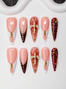 Bộ 10 móng tay giả phong cách Y2K Baddie hình quả hạnh nhân thủ công, màu nude, trắng, nhuộm màu đỏ với đầu móng kiểu Pháp, hình chữ thập, kim loại lỏng bất đối xứng, hạt cườm, họa tiết da rắn, thích hợp cho tiệc tùng, khiêu vũ, sử dụng hàng ngày, bao gồm bộ dụng cụ, món quà tuyệt vời cho phụ nữ và trẻ em gái - Nhiều màu - Xem 1