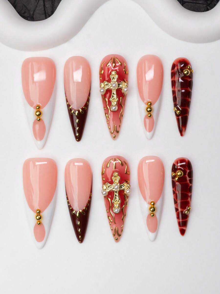 Bộ 10 móng tay giả phong cách Y2K Baddie hình quả hạnh nhân thủ công, màu nude, trắng, nhuộm màu đỏ với đầu móng kiểu Pháp, hình chữ thập, kim loại lỏng bất đối xứng, hạt cườm, họa tiết da rắn, thích hợp cho tiệc tùng, khiêu vũ, sử dụng hàng ngày, bao gồm bộ dụng cụ, món quà tuyệt vời cho phụ nữ và trẻ em gái - Nhiều màu - Xem 1