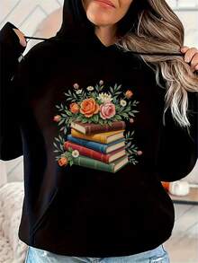 Women'S Black Hoodie With Floral Book Stack Print For Casual Wear - Black 14 - View 1