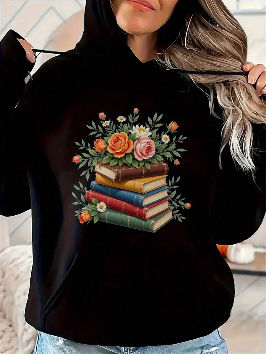 Women'S Black Hoodie With Floral Book Stack Print For Casual Wear - Black 14 - View 1