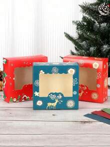 10 piezas Cajas de regalo de papel con diseño de árbol de Navidad y alce para fiestas y vacaciones - Incluye ventana transparente para exhibición - Para galletas, tartas, macarrones, pasteles y fresas cubiertas de chocolate - Para bodas, fiestas de Navidad y Año Nuevo