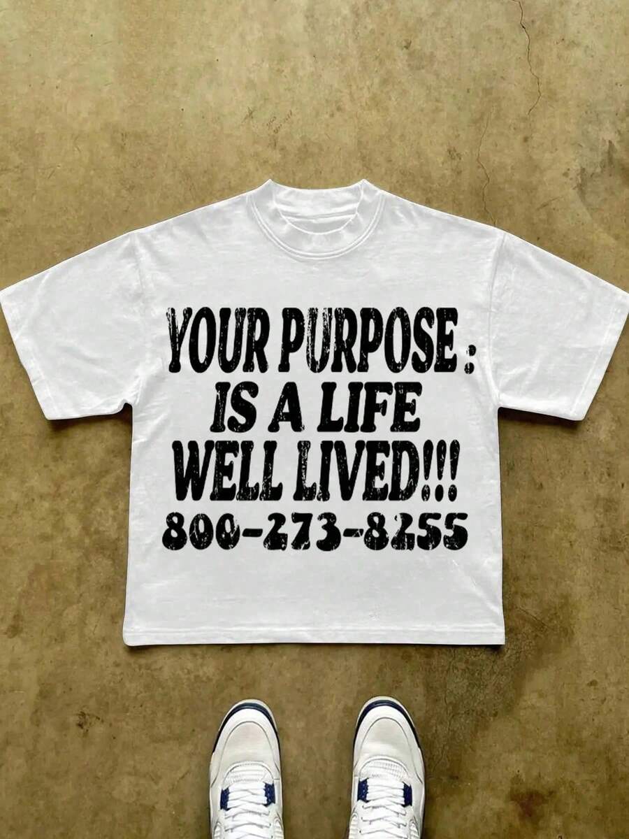 Inspirational Slogan Tee: "Your Purpose Is A Life Well Lived" Y2k Style Tee (220g Cotton T-Shirt) Printed T-Shirts, Unisex T-Shirts, Casual And Comfortable To Wear Men's Summer Round Neck Short Sleeve T-Shirts, Fashion Printed T-Shirts, Uni T-Shirts, Casual And Comfortable To Wear Vintage - Style Graphic T - Shirt - 白色 - 查看 1