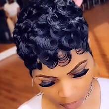 Chic Short Loose Pixie Cut Wig With Bangs Layered Curly Wave Wig Brazilian Remy Human Hair Wig Glueless Rose Net Wig Party Wig For Woman Special Festival Used Music Festival Mother's Day Carnival Valentine's Day Halloween All Saints' Day Christmas Day Cosplay Spring Summer Autumn Winter Local Warehouse New Product Discounts Wigs - Natural Black - 查看 3