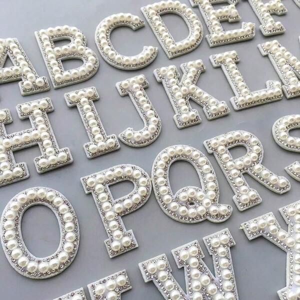 Crystal A-B 26 English Letters Pearl Rhinestone Patches For Clothes A-Z Alphabet Pearl Rhinestones Applique Sew On/Glue On Patches DIY Name