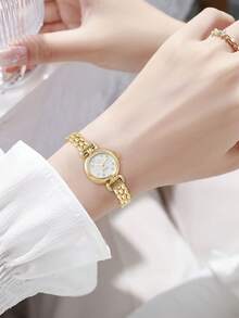 1pc French Fashion Multifunctional Petite Women's Quartz Watch, Round Minimalist Dial With Metal Band. Suitable For Daily Wear And As Holiday Gift.