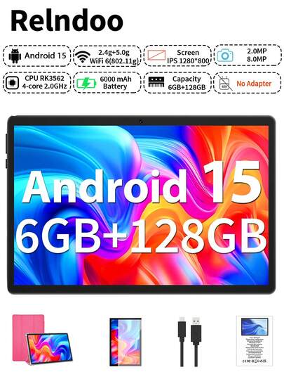 Relndoo 2025 TopS 10-Inch Android 15 Tablet, (6GB+20GB) RAM +128GB ROM, RK3562 Quad-Core 2.0GHz, 1280*800px HD Touchscreen, 6000mAh High-Capacity Battery, 802.11n Wifi6 2.4g/5g, 2MP+8MP Dual Camera, Support 1TB SD Expansion, For Online Courses, Novels, Reading, Swiping Videos, Designing Paintings(No Adapter)-Pink