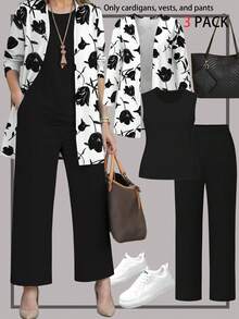 3pcs Plus Size Women Casual Plant Print Jacket + Round Neck Sleeveless Top + Elastic Waist Straight Leg Pants Suit, Commuting Outfit, Autumn/Winter - Black - View 1