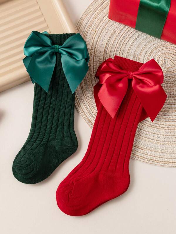 2Pairs/Lot Baby Girls Christmas Socks Autumn Winter Toddlers Red Big Bow Knee High Long Kids Sock Soft Red Newborn Newborn Children Socken For 0-3 Years