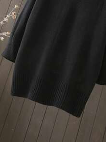 大码V领纯色长袖针织毛衣裙，休闲，秋冬