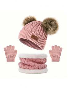 3 Stücke Kinder gestrickter Hut, Schal und Handschuhe Set, Kinder warmer Pompon Hut, Schal und Handschuhe für Outdoor, Lässig, Kleinkind 2-6 Jahre