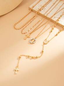 3/5pcs Set Layered Cross, Tassel, Beaded Necklace Jewelry Set, Unique Round Bead & Snake Chain Necklace Accessories, Suitable For Holidays Gift And Daily Matching