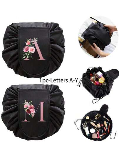 Bolsa de maquillaje con cordón negro portátil con flores de acuarela impresas y letras rosas de la A a la Z, organizador de viaje para almacenamiento, organizador de baño, organizador de joyas, bolsa de almacenamiento médico, organizador de aceite labial, organizador de esmalte de uñas, diseño plano para fácil acceso, organizador espacioso con cierre , regalos para mamá, regalos de cumpleaños, regalos para amigos y maestros, de vuelta a la escuela, esencial para viajes, regalo de Navidad, artículos esenciales de viaje, organizador de maquillaje de vacaciones para mujeres