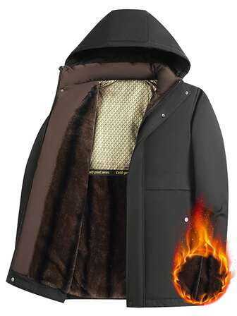 中长款男士保暖内衬休闲连帽夹克，带可拆卸风帽，保暖外套