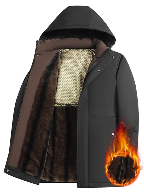 Mid-Length Men's Thermal Lined Casual Hooded Jacket With Detachable Hood, Warm Outerwear