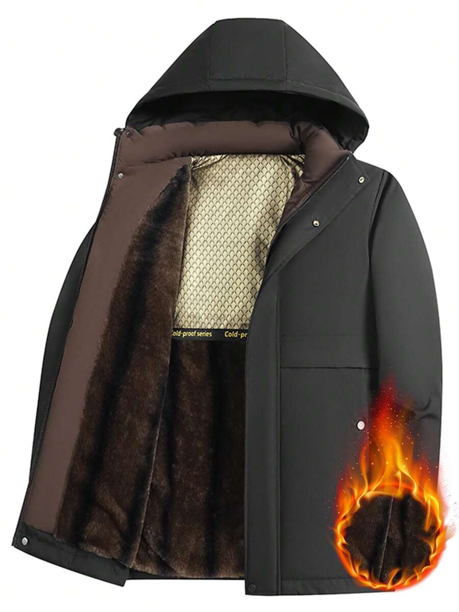 Mid-Length Men's Thermal Lined Casual Hooded Jacket With Detachable Hood, Warm Outerwear - Black - View 1