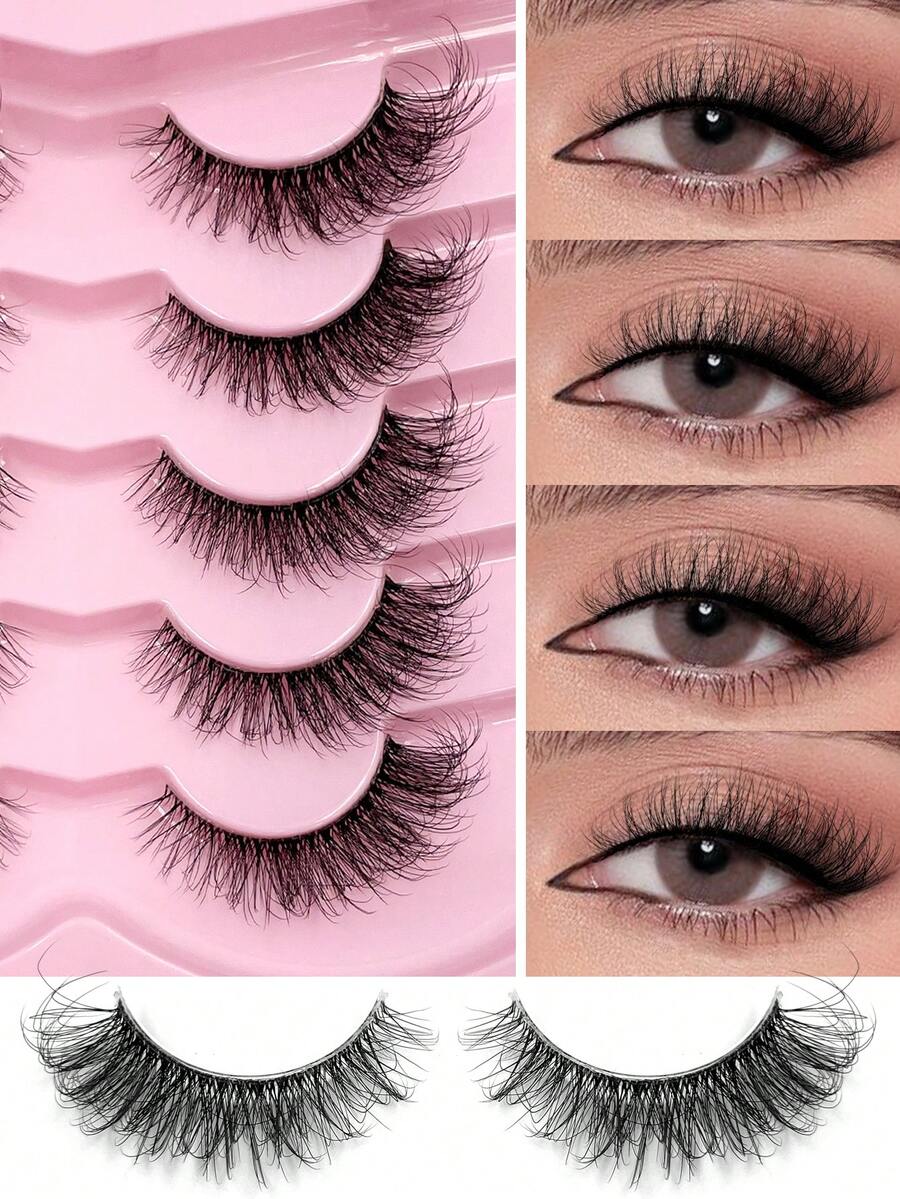 ENCHUW ENCHUW 5 Pairs Lashes With Clear Band Fluffy False Lashes Pack Natural Look False Eyelashes Wispy Eyelashes Curly Makeup Eyelashes For Daily Wear