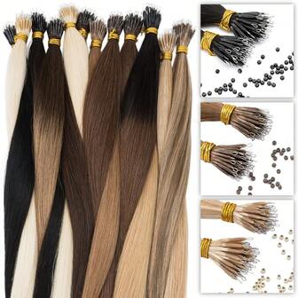 50 件纳米环真人发片，0.7 克/股，预粘合直金色微链接，女士假发，天然发质，易于安装，发饰发饰真人发片亮点维多利亚秘密佩戴和外出无需胶水，适合节日万圣节圣诞节必备学校用品派对婚礼，日常，适合所有人和女性女孩新娘