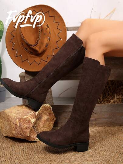 FVPFVP 2025 2024 秋冬新款百搭及膝靴女款粗跟弹力修身高筒马靴平底西部靴