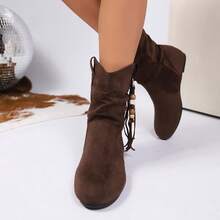 Women's Retro Western Style Flat Boots, Fashionable & Versatile, Thermal Lined Short Boots, Outdoor Casual Flat Boots, Moccasin Style Beaded Fringe Mid-Calf Boots