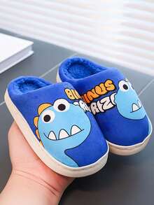 1 Pair Toddler/Kids Cute Dinosaur Print Plush Lined Soft Bottom Indoor Slippers, Suitable For Winter, Unisex