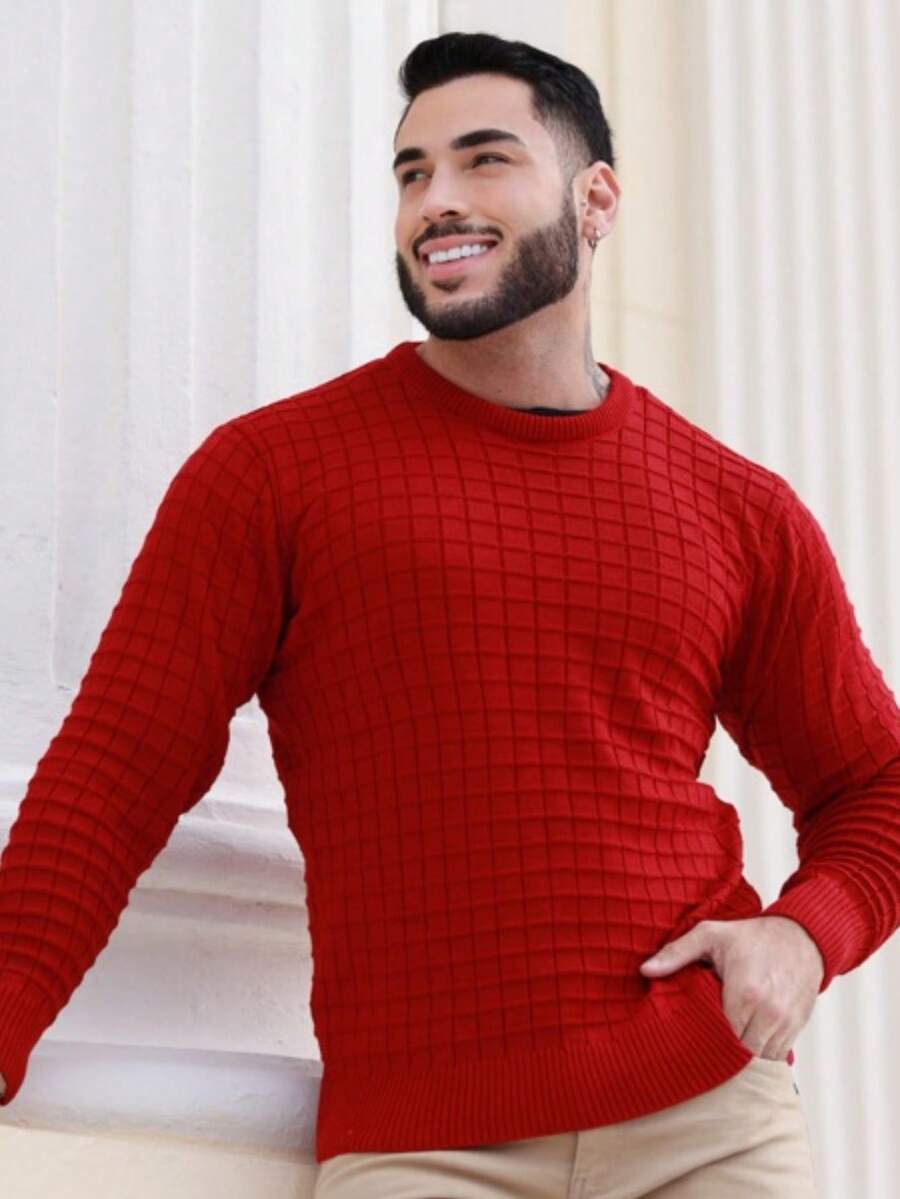 Men's Striped Knitted Sweater Blouse - Red - View 1