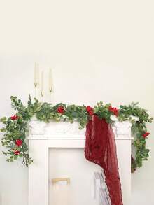 1pc Bohemian Artificial Wreath - Indoor/Outdoor Holiday Decoration With Lush Green Plastic Plants & Red Berries, No Feathers/Lights, Multi-Holiday Decor For Halloween, Thanksgiving, Christmas, Festive Home Accent, Natural Festive Look, Berry Embellishments, Outdoor Ornament, Rustic Charm, Durable Material, Seasonal Decorators - Multicolor - View 9