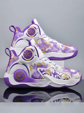 Zapatillas de baloncesto juveniles, zapatos deportivos casuales para adolescentes y estudiantes, zapatillas de baloncesto, zapatillas de correr, suela resistente al desgaste y antideslizante, transpirable y cómoda, patrón de camuflaje asimétrico, colores de suela pintados a mano desiguales