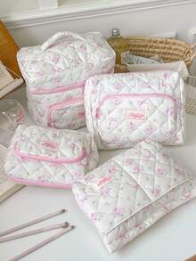 1 Peça/Conjunto de Bolsa Cosmética Acolchoada com Flores Rosas Fofas e Múltiplos Bolsos. Bolsa Cosmética Multifuncional e Portátil. Adequada para Cosméticos, Produtos de Cuidados com a Pele, Protetor Solar, Creme para as Mãos, Joias, Moedas, Absorventes, Fones de Ouvido, Telefones Celulares, Pequenos Itens e Outras Necessidades de Viagem, Necessidades de Cruzeiro, Necessidades de Dormitório, Presentes para Boas Amigas, Presentes de Dama de Honra, Presentes para Professores, Presentes de Aniversário, Presentes de Festa.