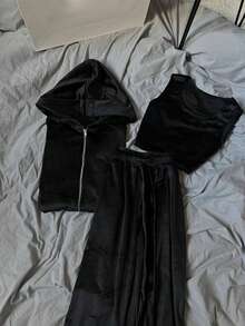 1 Set Tuta Casual ed Elegante in Velluto Tinta Unita, Composta da Top, Gilet e Pantaloni, Adatta per Uso Domestico e Casual, Colore Nero, Primavera/Autunno - nero - Visualizzare 3