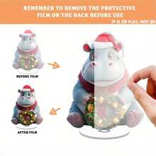 1pc 2D Rotating Acrylic Desktop Decor, Cute Cartoon Hippopotamus Wearing Santa Hat Holding Christmas Wreath With Bells, Christmas & New Year Home Decor, Rotating Base, Holiday Atmosphere Decoration