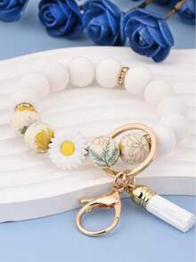 1pc Fashion Keychain Pendant, Bohemian Style Bellis Perennis Yak Pendant, Silicone Cow Pattern Silicone Beaded Tassel Charm Wrist Keychain, Backpack Accessories, Key Anti-Lost Bracelet, Gifts For Friends, Gifts For Mother, Gifts For Girls, Christmas Gifts Halloween Accessories Teachers Day Gift Ideas Bag Accessories Lanyards With Id Holder Car Accessories Bag Charms