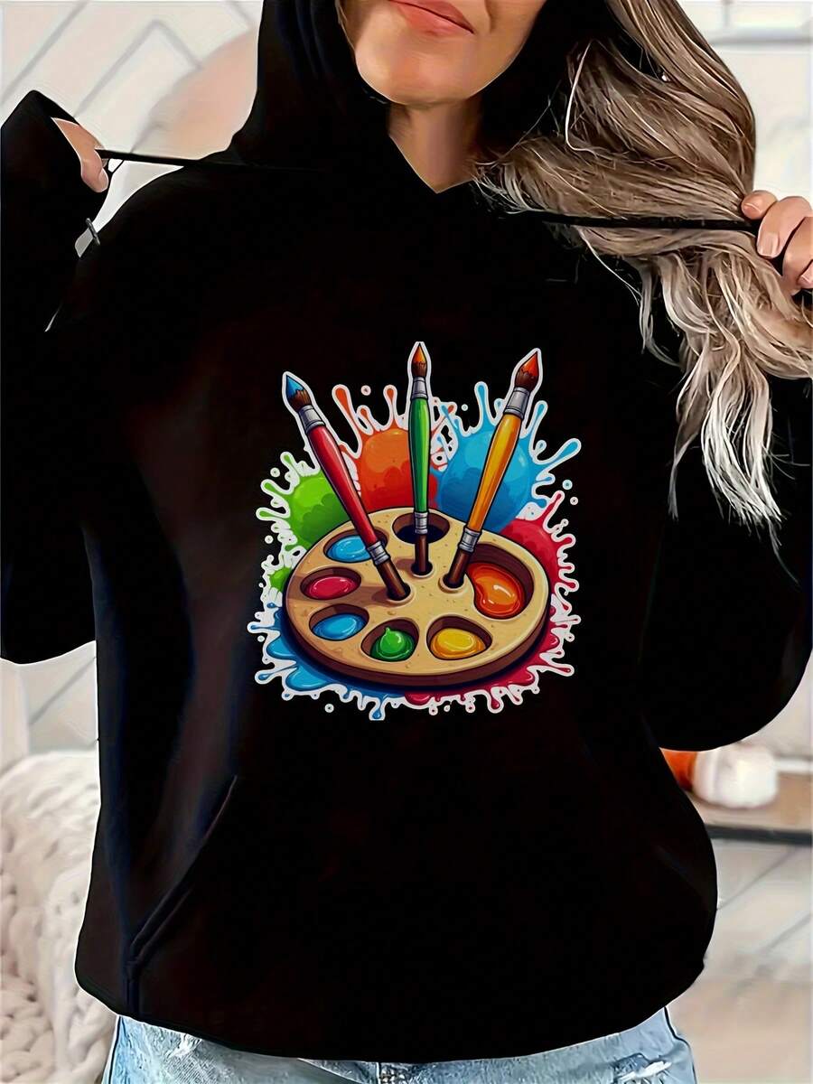 Women'S Black Hoodie With Colorful Paintbrush And Palette Print For Casual Wear - Black 12 - View 1