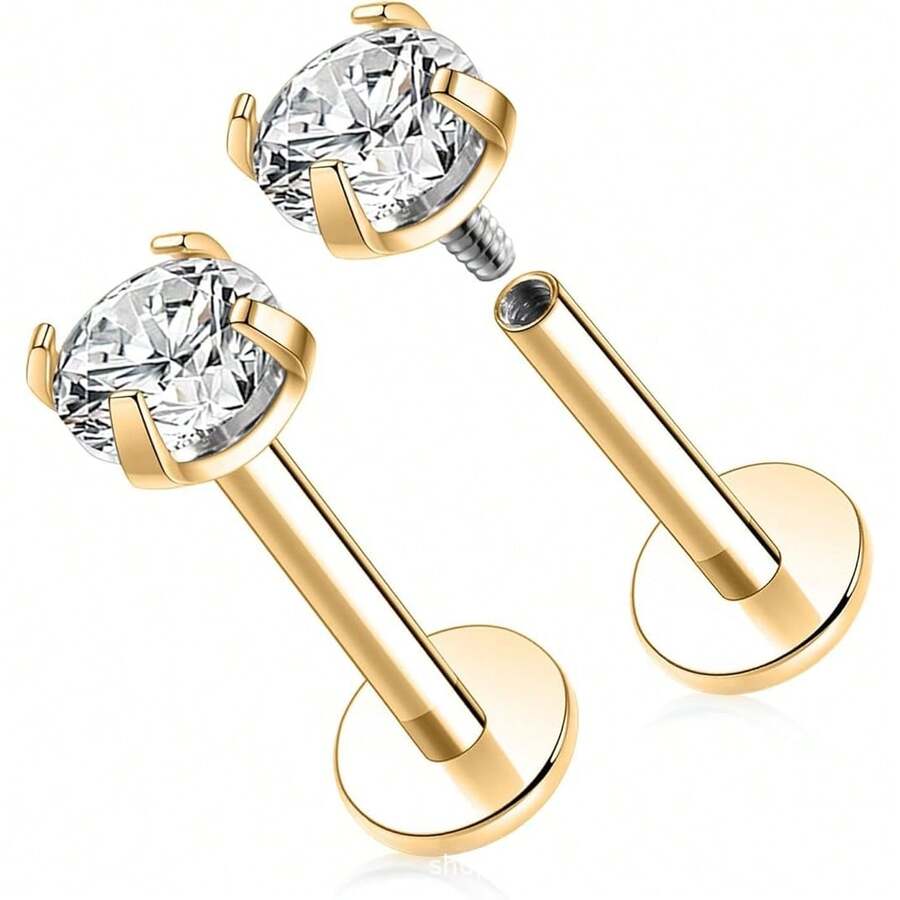 1 Pair Flat Bar T-Bar Lip Stud Cartilage Earrings With Zirconia Stones, Piercing Jewelry