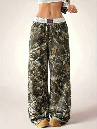Women'S Casual Camouflage Print Wide-Leg Pants - Contrast Color Block Design, Elastic Waistband, Machine Washable Spring/Summer Trousers For Adults, Camouflage Pants Tights