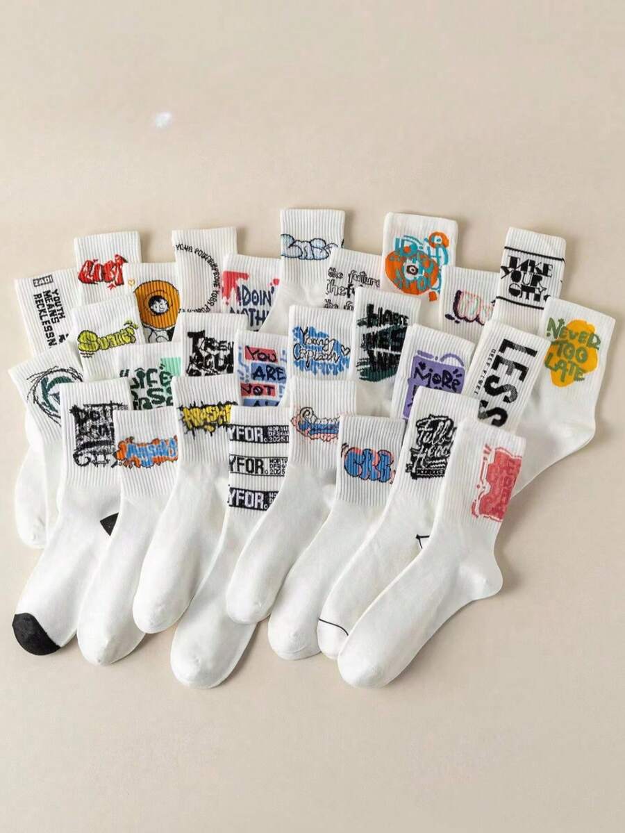 5/10 Pairs Random Women's Spring/Autumn/Winter Korean Style Letter Pattern Breathable Sweat-Absorbing Neutral All-Season Simple Versatile Fashion Mid-Calf Socks - Multicolor - View 1