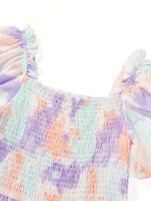 Parent-Child Summer Casual A-Line Dress Short Sleeve Square Neck Tie Dye Print Dress