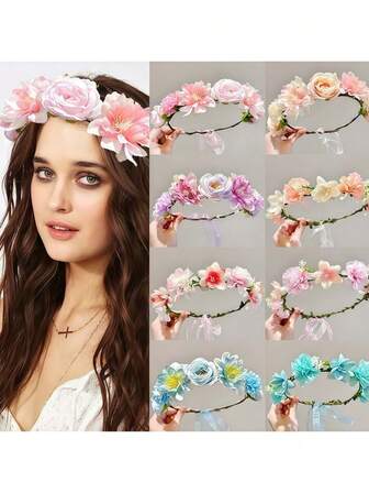 Corona de flores simuladas hecha a mano, para festivales escolares japoneses, Bunkasai, diadema de corona de flores para niñas, hay coronas de rosas en colores como rosa y azul. Diadema de corona de flores para sesión de fotos de vacaciones en la playa, corona de flores de rosas, diadema de corona de flores para la novia, decoración para damas de honor, accesorios de cabello bohemios, decoraciones de elfos del bosque, accesorios dulces coreanos de hadas, regalos de boda, accesorios de boda, suministros para fiestas, suministros para eventos