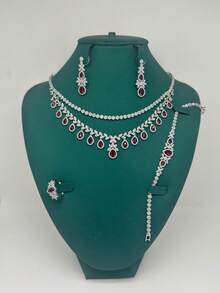 4pcs/Set European & American Style Cubic Zirconia Copper Red & Blue Cubic Zirconia Bridal Wedding Gown Evening Dress Multi-Layer Tassel Necklace, Earrings, Ring, Bracelet Jewelry Set - Red - View 1
