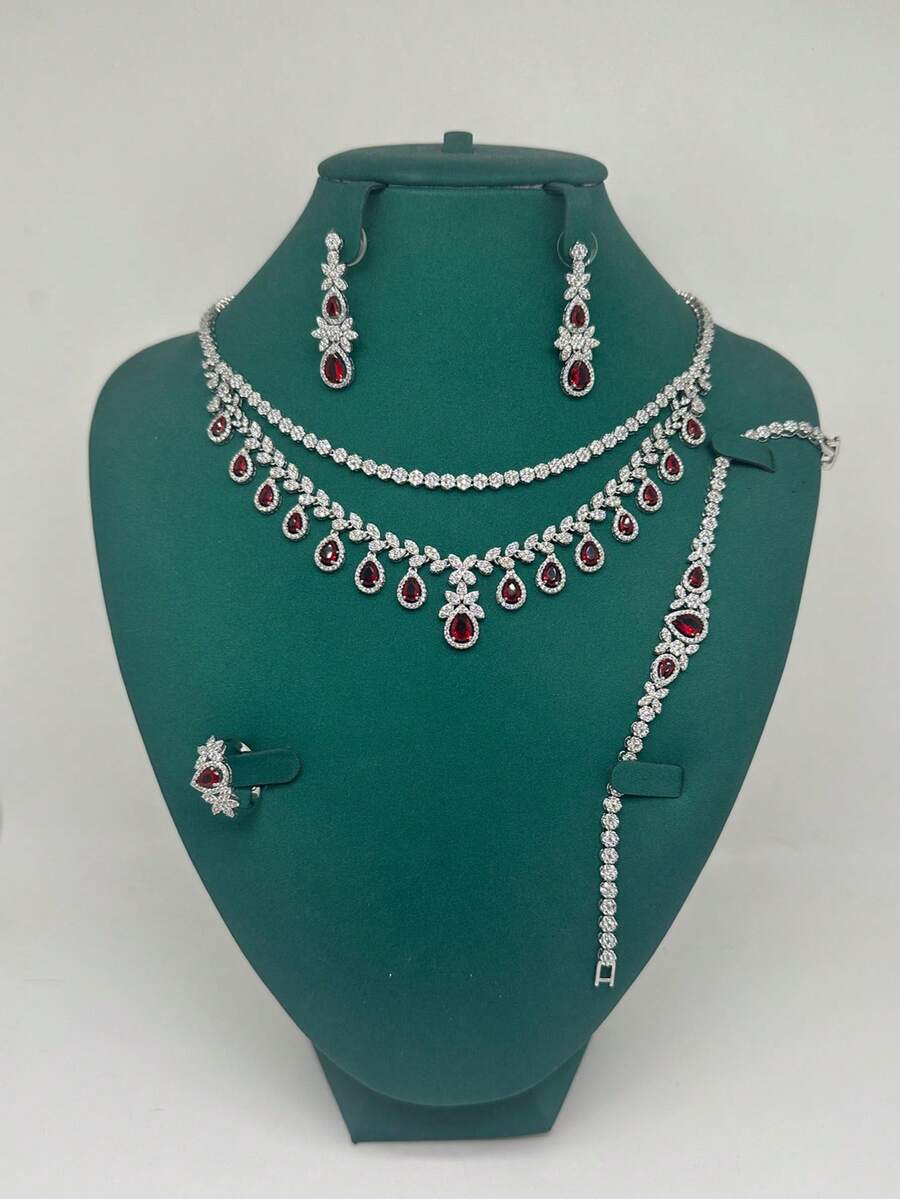 4pcs/Set European & American Style Cubic Zirconia Copper Red & Blue Cubic Zirconia Bridal Wedding Gown Evening Dress Multi-Layer Tassel Necklace, Earrings, Ring, Bracelet Jewelry Set - Red - View 1