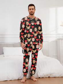 Customized Men/Women/Kids/Pets/Cartoon/Holiday Themed Interesting Long Sleeve Top & Pants Pajama Set, Loungewear, Winter,New Year's Eve Outfit - Black - View 5