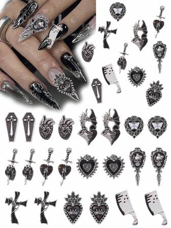 22pcs Vintage Halloween Series Skull, Cross, Heart Nail Art Decorations, DIY Accessories