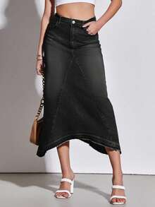 Women's Casual High Waist Long Jean Skirt A-Line Denim Maxi Skirt With Irregular Raw Hem Vintage Street Style - 黑色 - 查看 2