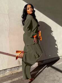 2pcs Women's Fashionable Pleated Shirt And Comfortable Wide-Leg Pants Set, Casual, Ladies Spring/Fall Casual Pocket, Zipper Long Sleeve Loose Blouse Pants Women Two-Piece Outfits, Casual Daily Wear - Olive Green - View 3