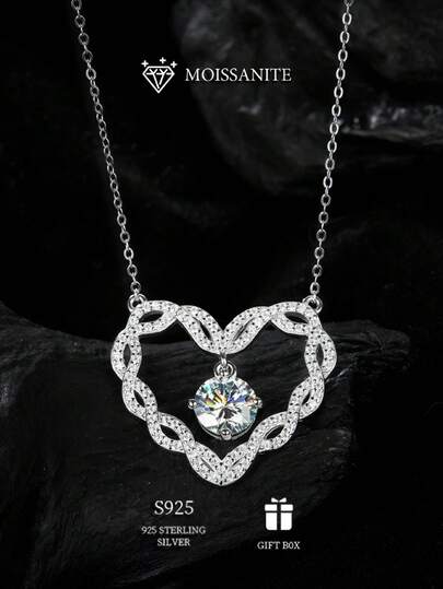 قلادة من الفضة الخالصة عيار 925 بوزن 2 قيراط من الموسانيت بدرجة VVS، تصميم متشابك ومتداخل للحب، قلادة نسائية فاخرة وعصرية وشاملة، مفضلة في علبة هدايا