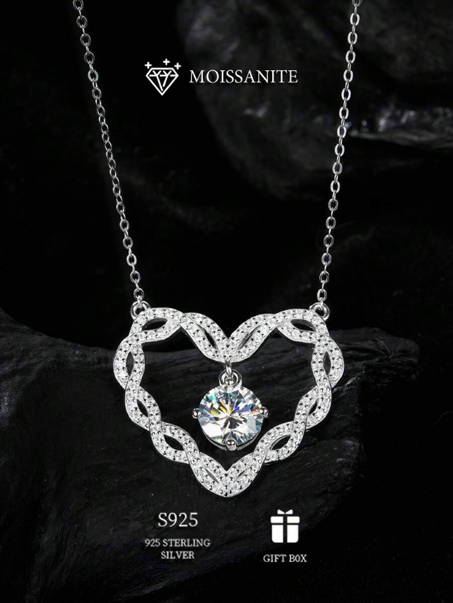 قلادة من الفضة الخالصة عيار 925 بوزن 2 قيراط من الموسانيت بدرجة VVS، تصميم متشابك ومتداخل للحب، قلادة نسائية فاخرة وعصرية وشاملة، مفضلة في علبة هدايا