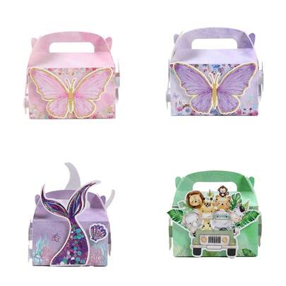4 件粉紫色蝴蝶&美人鱼&丛林动物主题婴儿淋浴派对礼品包装盒礼品盒手提盒，可爱丛林动物图案&美丽粉紫色蝴蝶美人鱼图案 DIY 贴纸糖果盒礼品手提盒，1 岁生日派对桌面装饰糖果盒