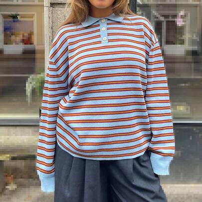 Teen Girl Women Y2k Striped Half Button Lapel Polo Shirt Grunge Vintage Contrast Stripe Oversized Rugby Knit Pullover Sweater V Neck Color Block Prepp