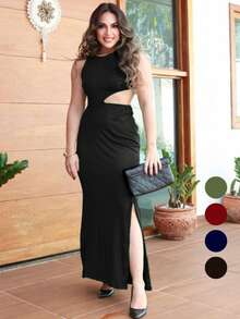 Vestido Casual Elegante Blogueira Feminino Mulheres com Fenda Cut-Out Tecido Leve Verão Confortável - Preto - Visão 1