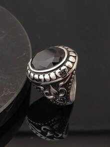 时尚钢色戒指，内嵌黑色宝石，订婚戒指，周年纪念珠宝，不锈钢戒指，男士黑色宝石戒指 - 黑色 - 查看 1